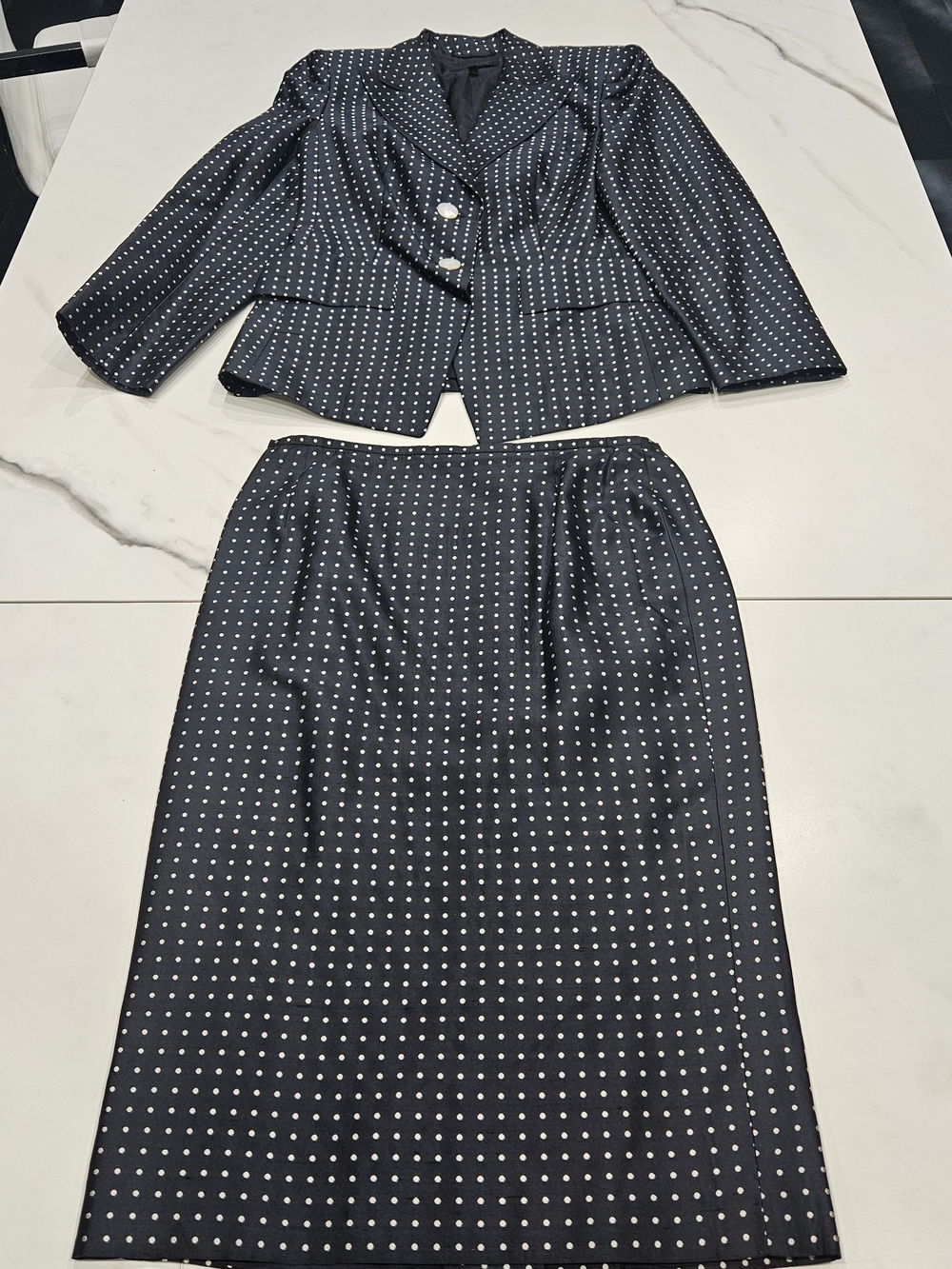 Escada Black 100% Silk 2piece Skirt Set with White Polka Dots